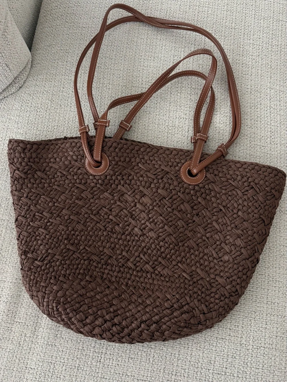 Woven Straw Tote Bag with Brown Leather Handles - Natural / Dark Brown - Picture 6 of 6